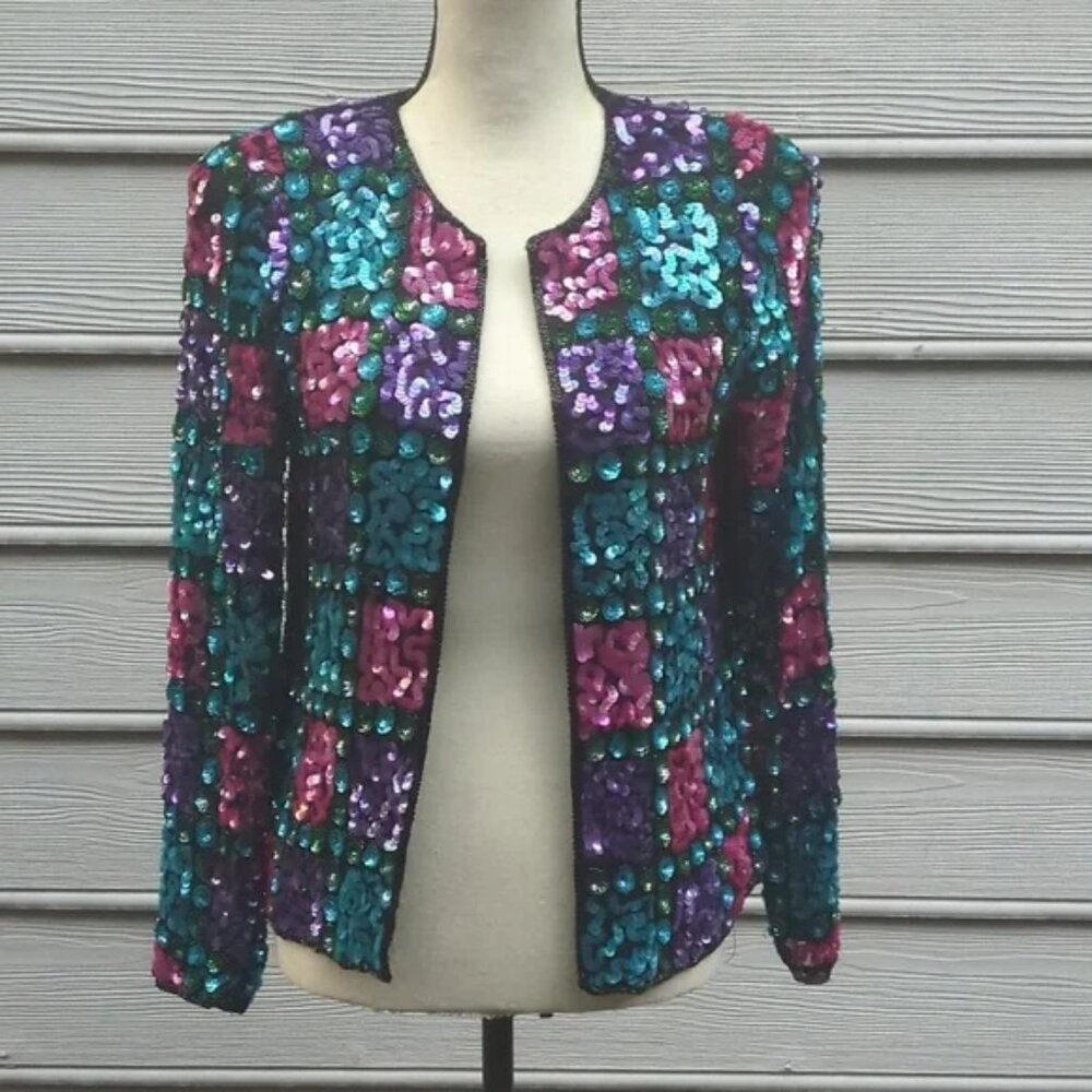 Vintage Sweelo Multicolor Silk Sequin Jacket with Shoulder Pads